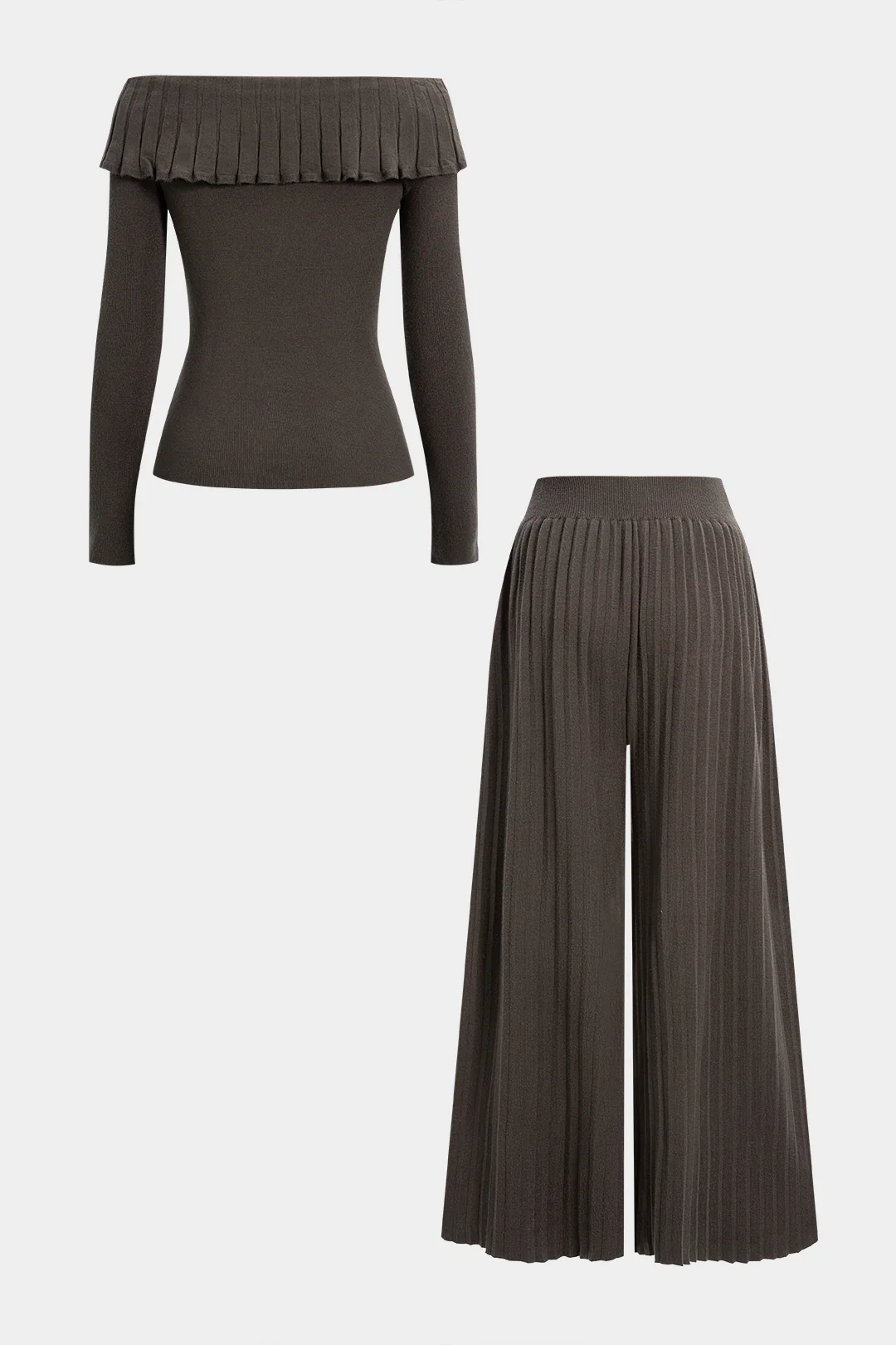 Knit Off Shoulder Ruffle Long-Sleeve Top And Wide Leg Pants Set - Weenar