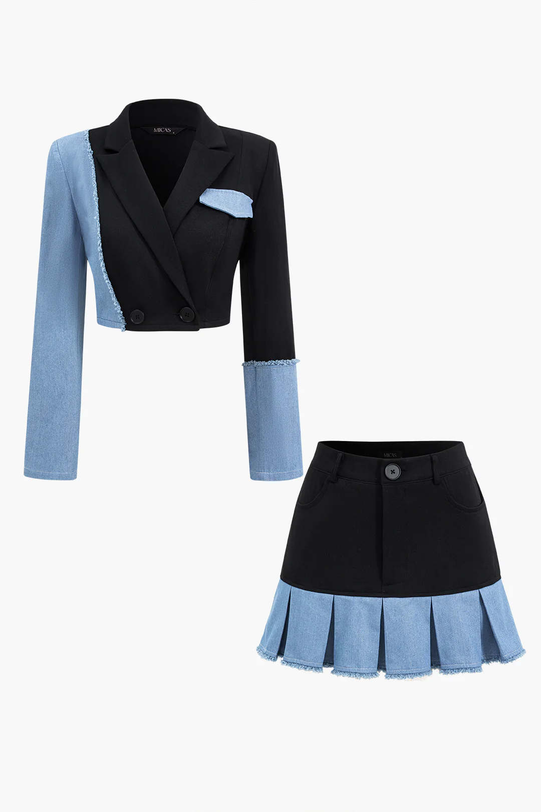 Patchwork Denim Notched Lapel Blazer And Skirt Set - Weenar