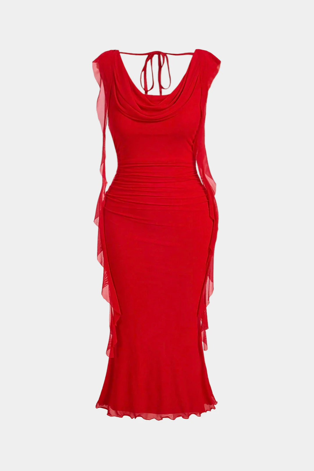 Plus Size Mesh Draped Cowl Neck Tie-Back Sleeveless Maxi Dress - Weenar