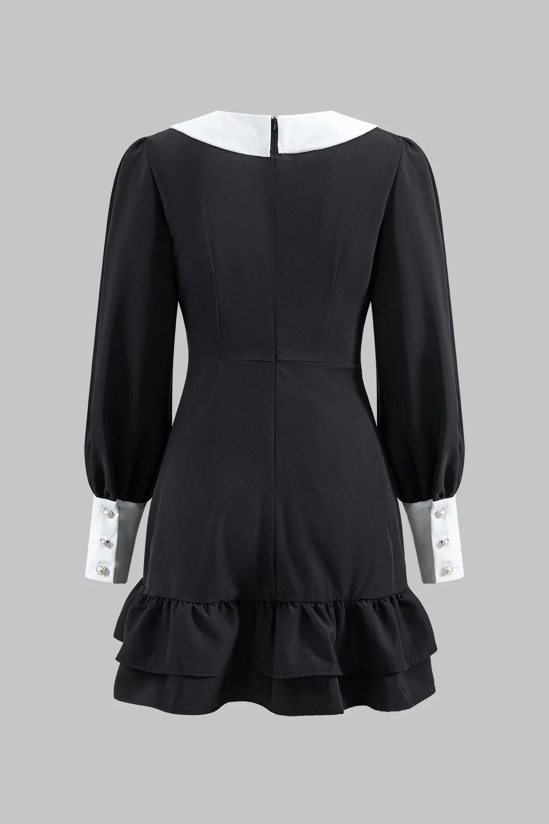 Contrast V-Neck Ruffle Hem Lantern Sleeve Mini Dress - Weenar