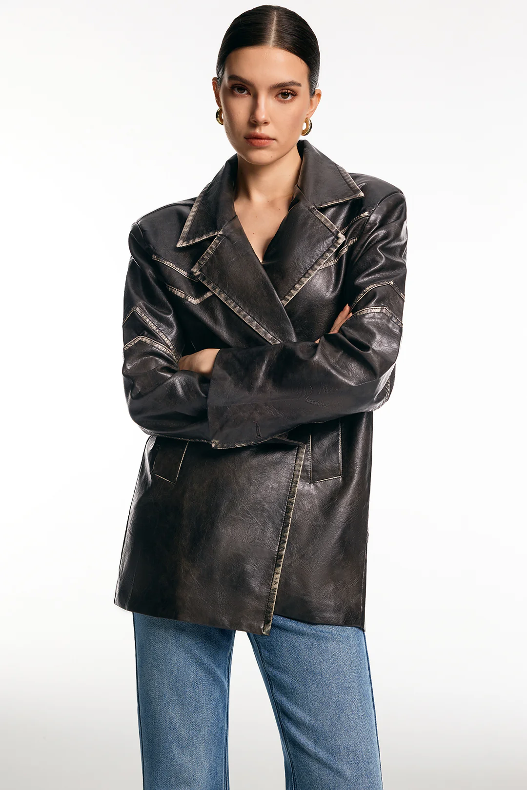 Faux Leather Washed Blazer - Weenar