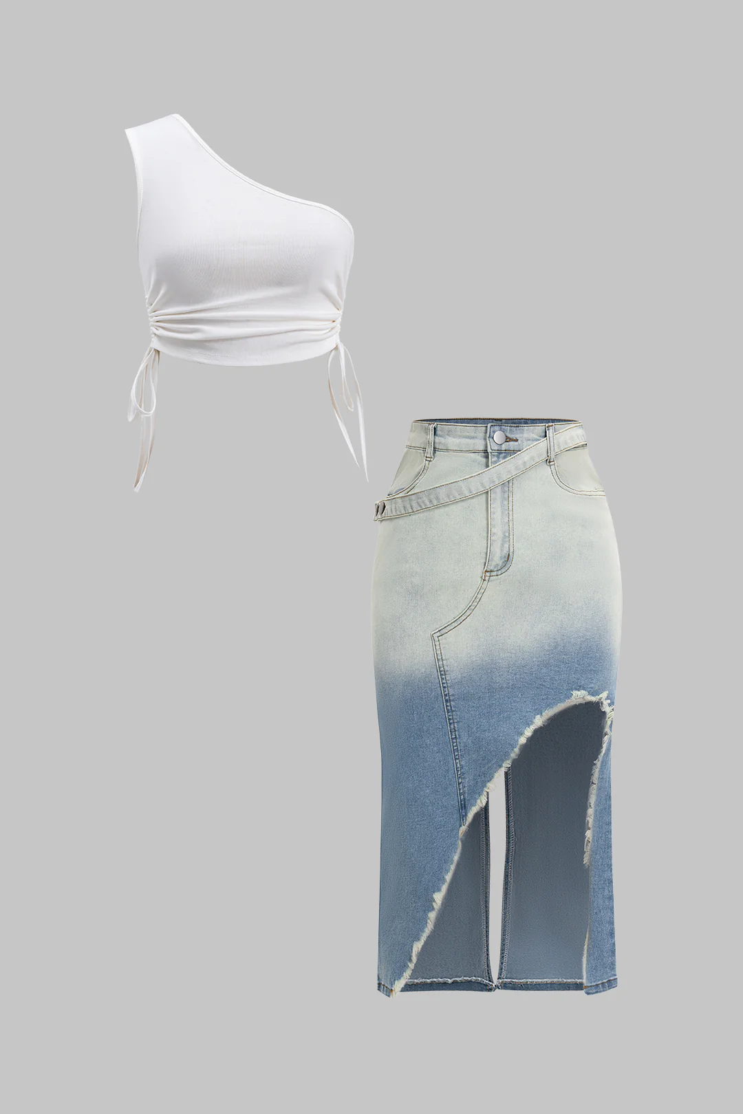 Ruched One Shoulder Asymmetrical Drawstring Top And Denim Washed Button Pocket Slit Skirt Set - Weenar
