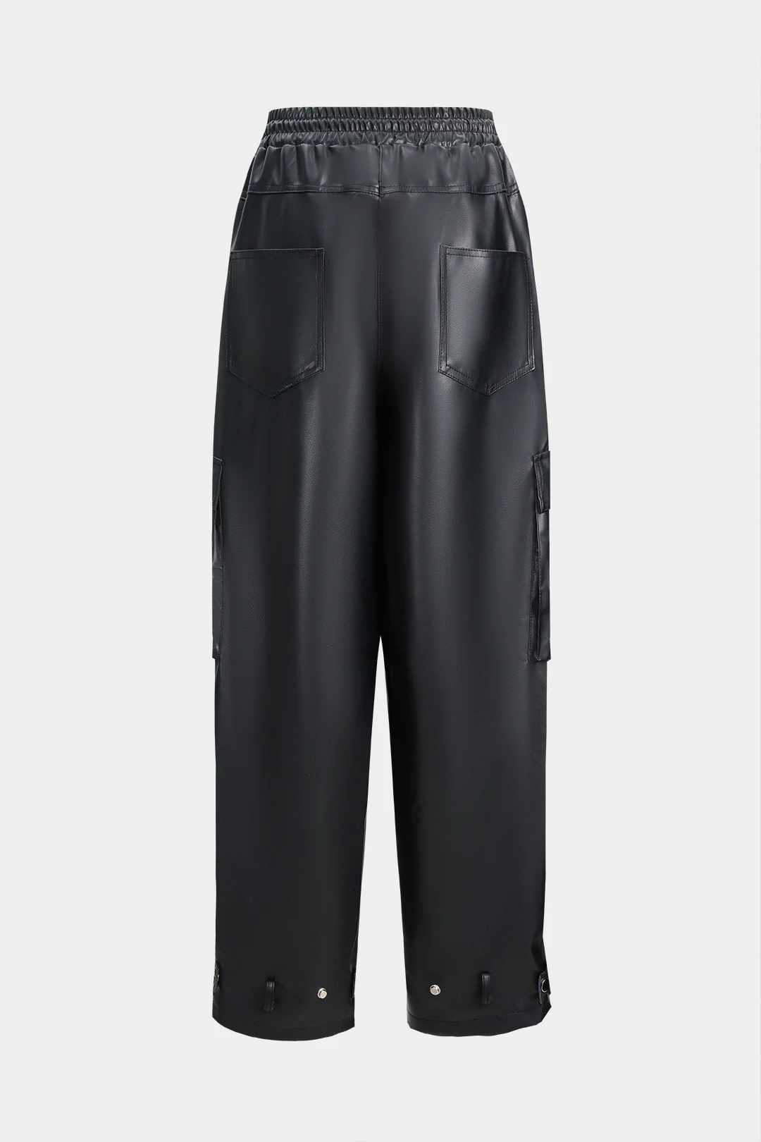 Faux Leather Shirred Waistband Drawstring Wide Leg Pants - Weenar