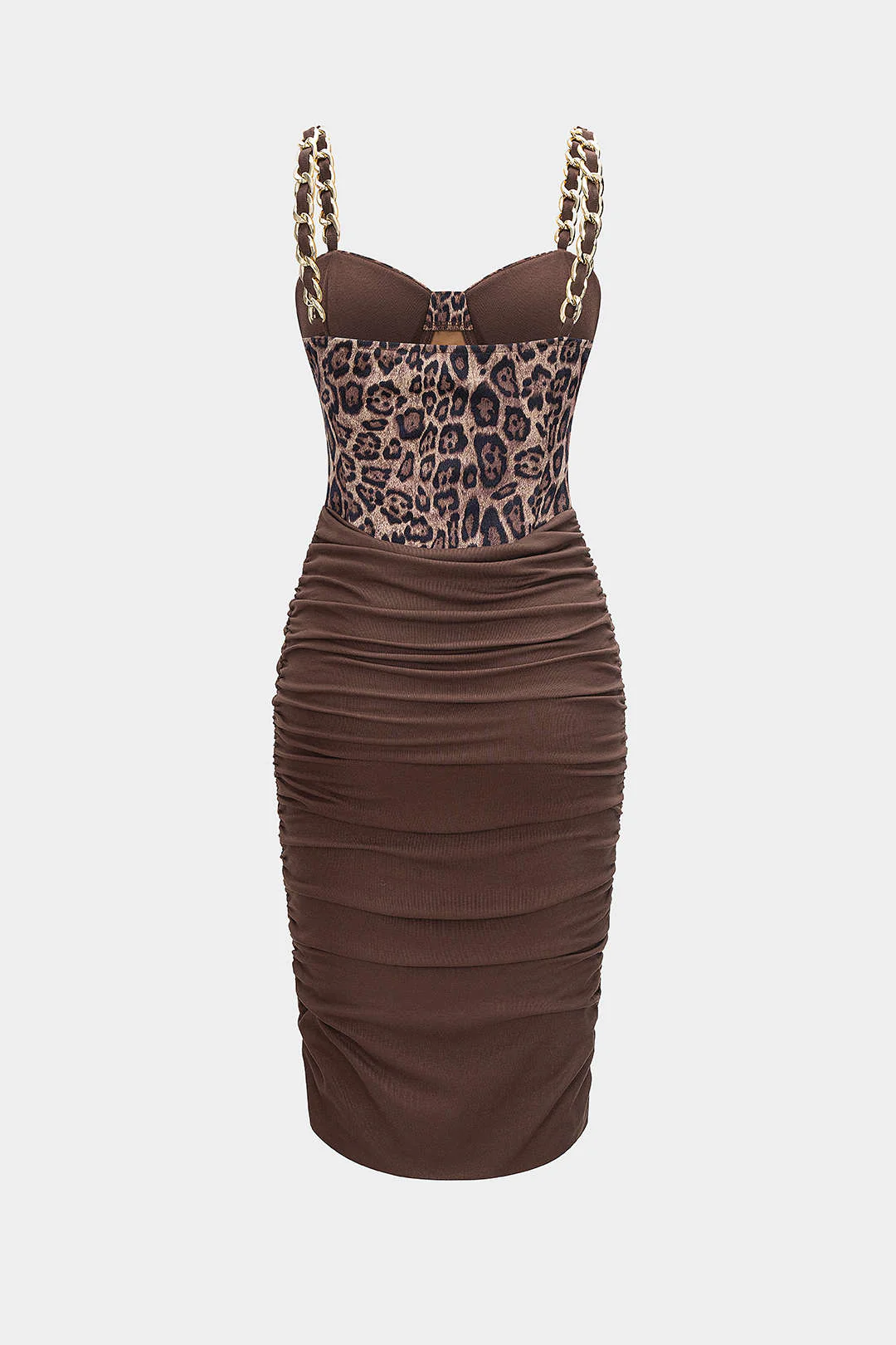 Leopard Print Ruched Chain Slip Sleeveless Midi Dress - Weenar