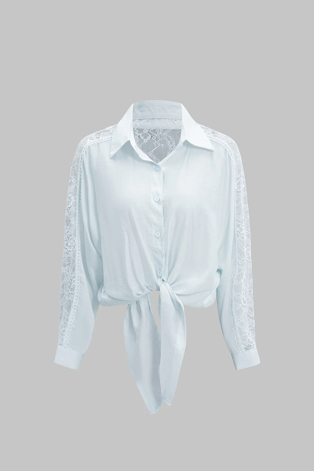 Lace Trim Patchwork Tie Up Long-Sleeve Shirt - Weenar