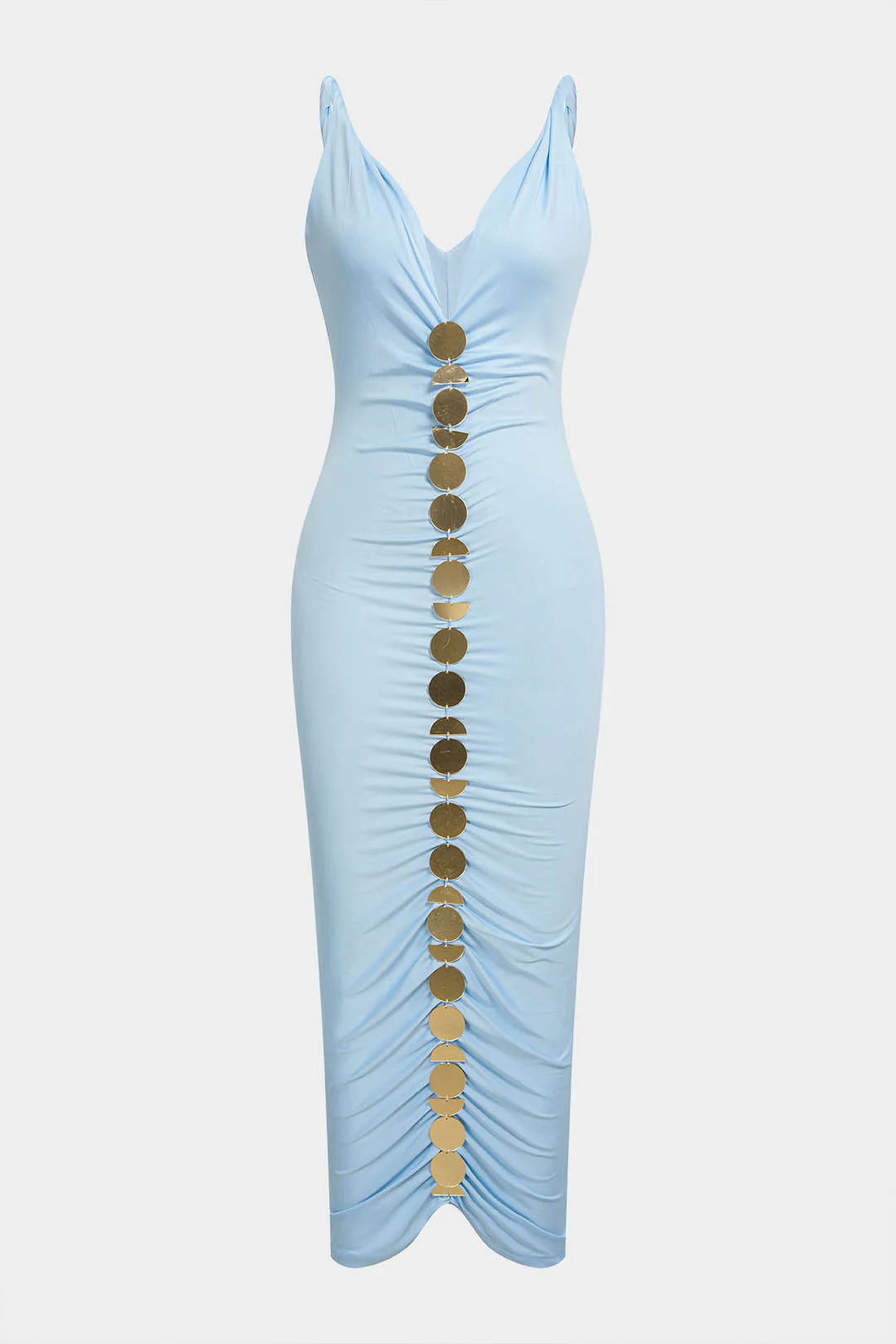 V-Neck Twist Knot Ruched Sleeveless Midi Dress - Weenar