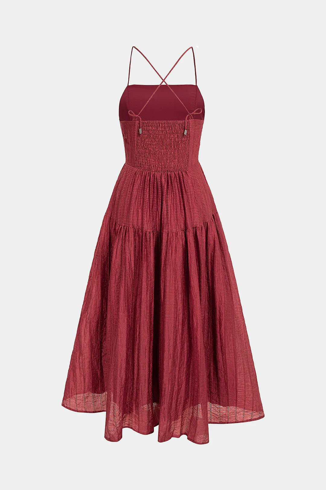 Textured Crossed Backless Smocked Sleeveless Midi Dress - Weenar