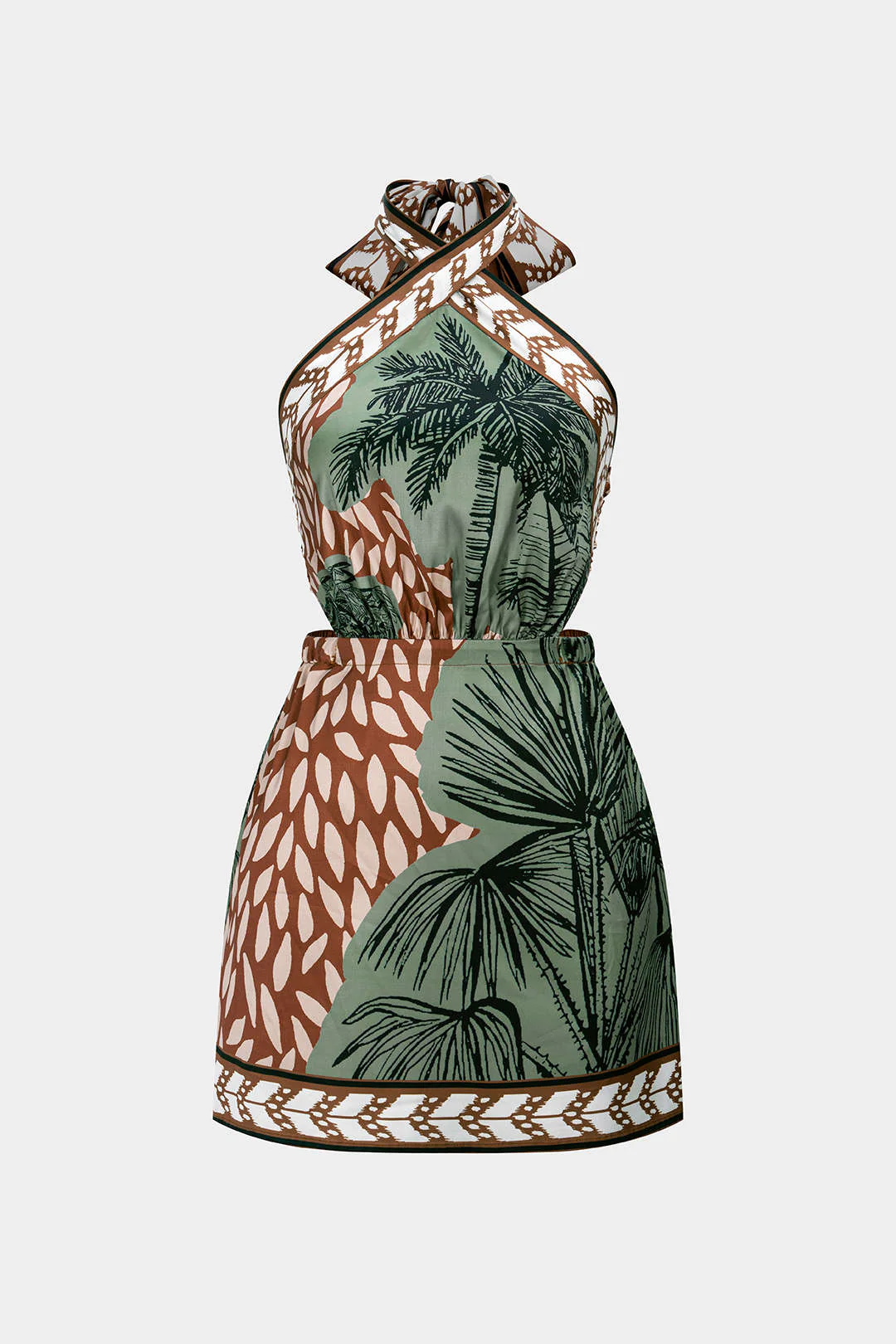 Leaves Print Satin Halter Neck Tie Back Backless Sleeveless Mini Dress - Weenar