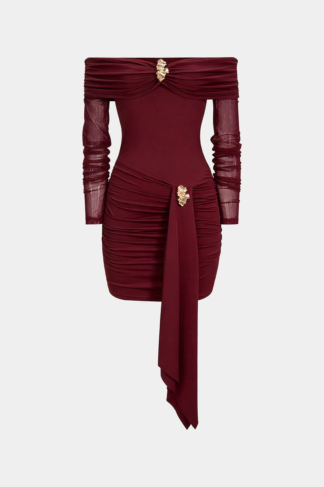 Off Shoulder Sheer Metallic Decor Ruched Long Sleeve Mini Dress - Weenar