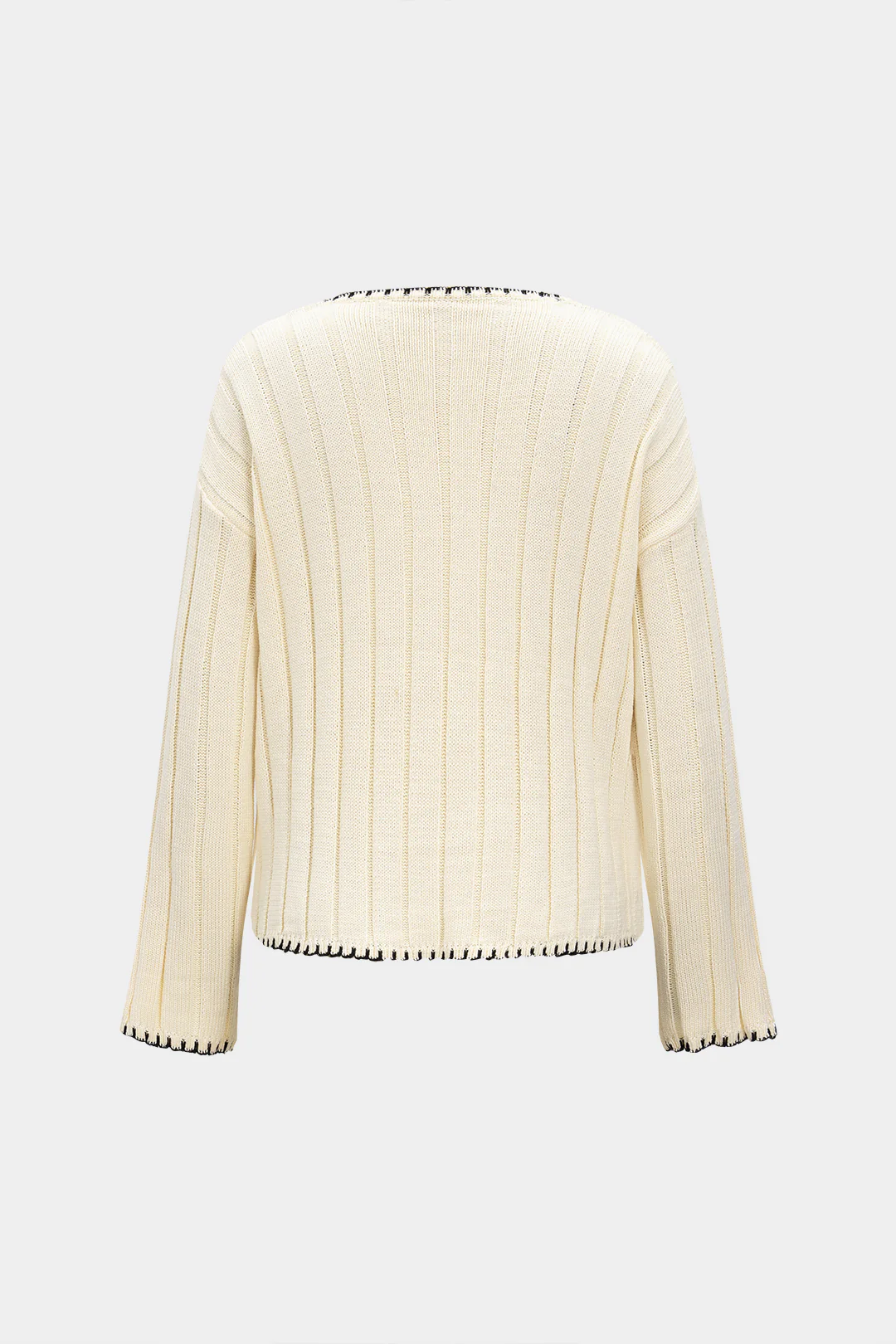 Knit V-Neck Contrast Binding Pocket Long-Sleeve Top - Weenar