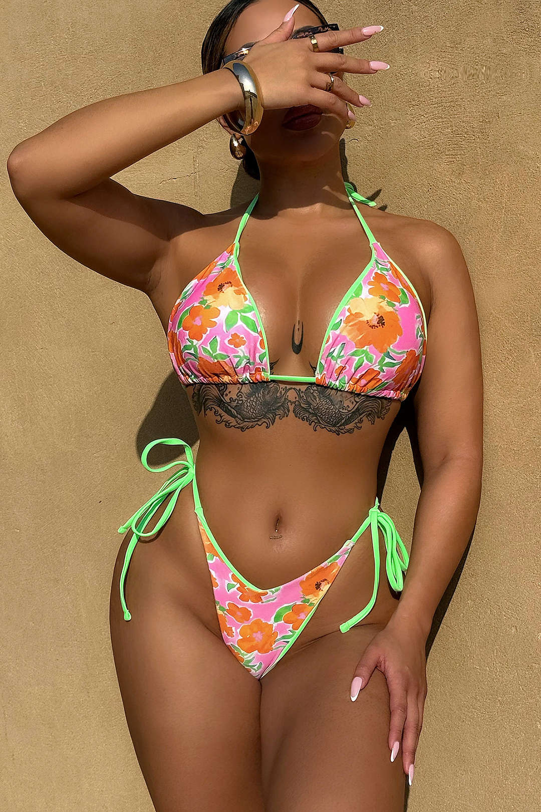 Floral Print Halter Neck Tie Up Bikini Set - Weenar