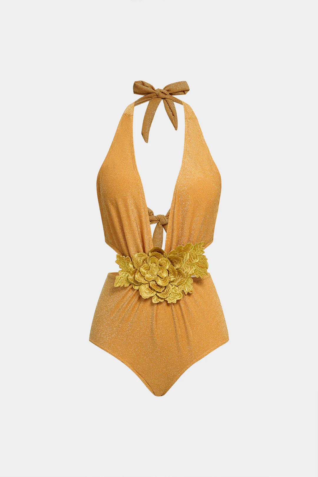 3D Flower Halter Deep V-Neck Bikini Swimsuit - Weenar