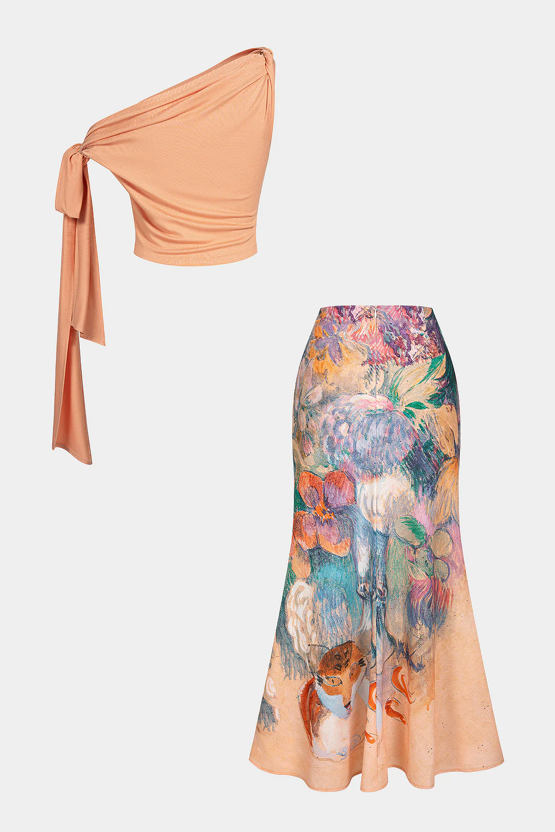 Linen Patchwork One Shoulder Tie-Up Tank Top And Floral Print Skirt Set - Weenar