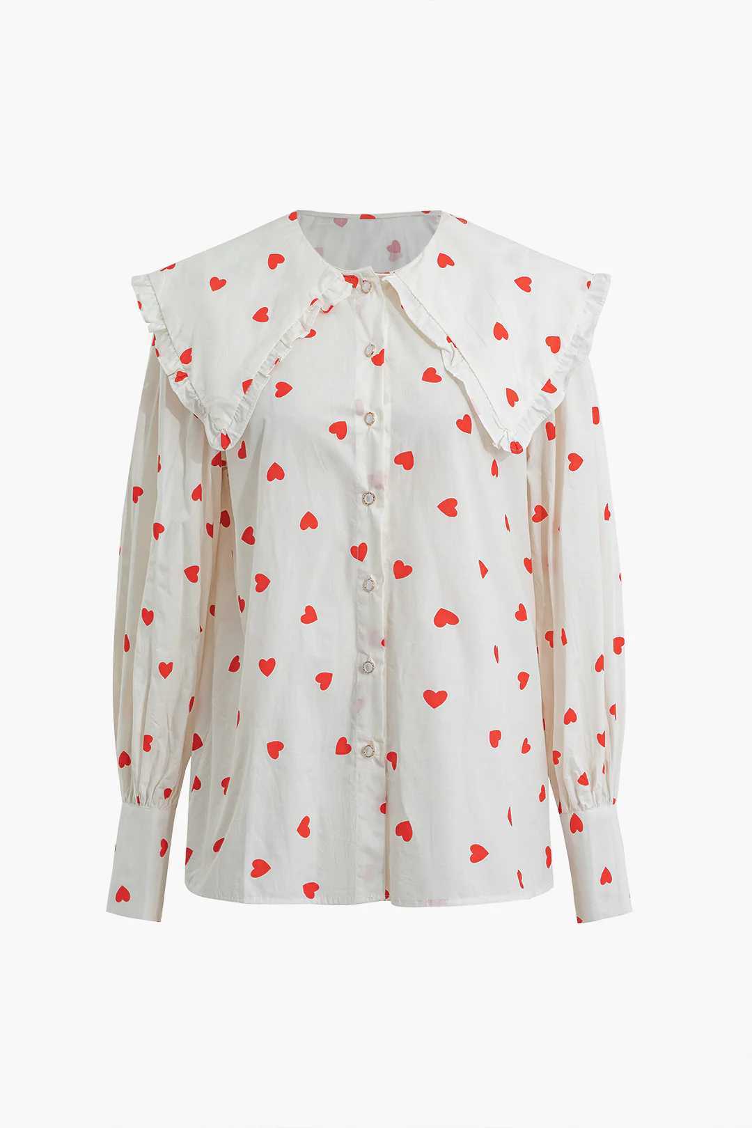 Heart Print Button Ruched Long-Sleeve Shirt - Weenar