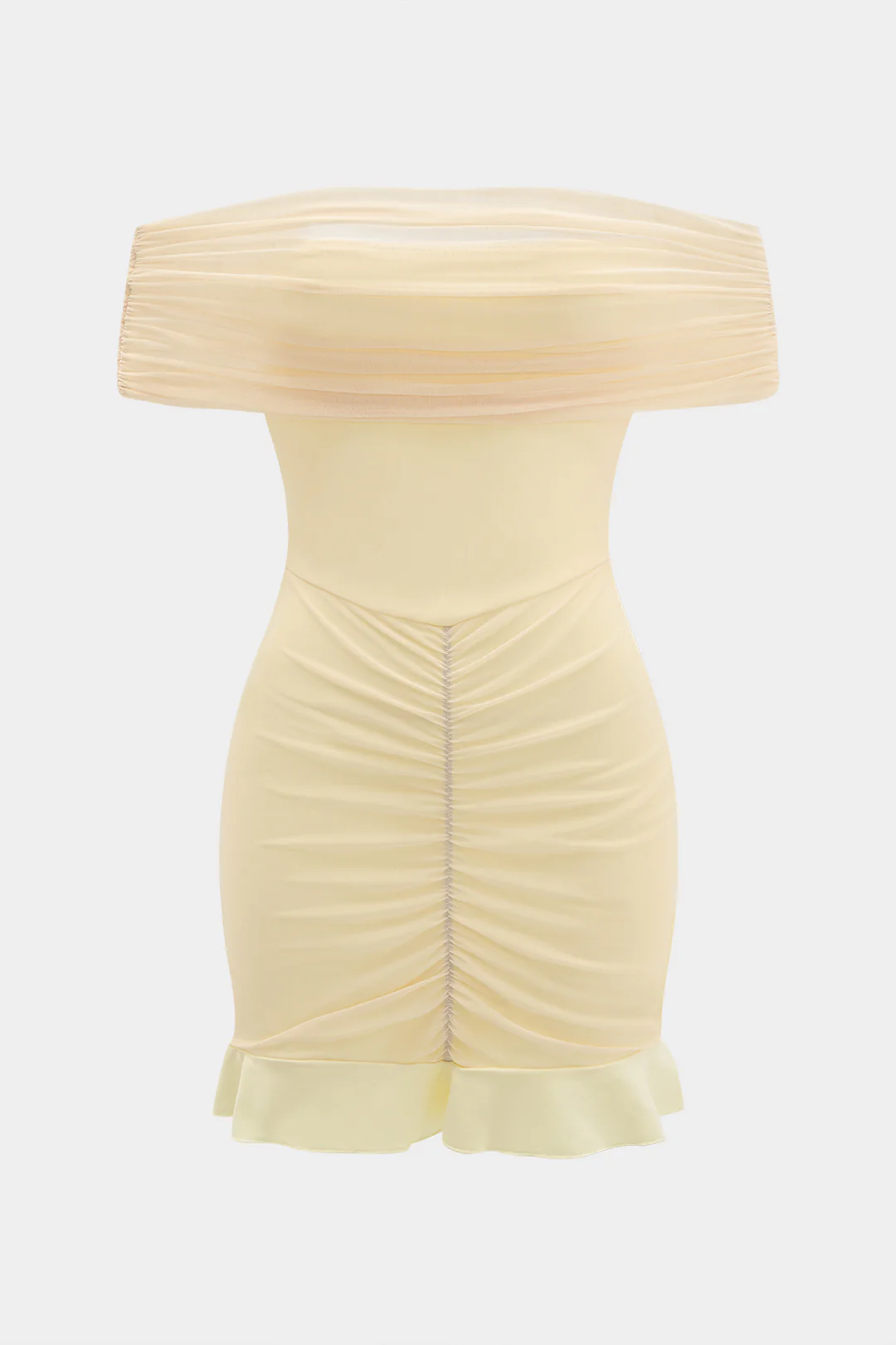 Mesh Off Shoulder Ruffle Hem Ruched Sleeveless Midi Dress - Weenar