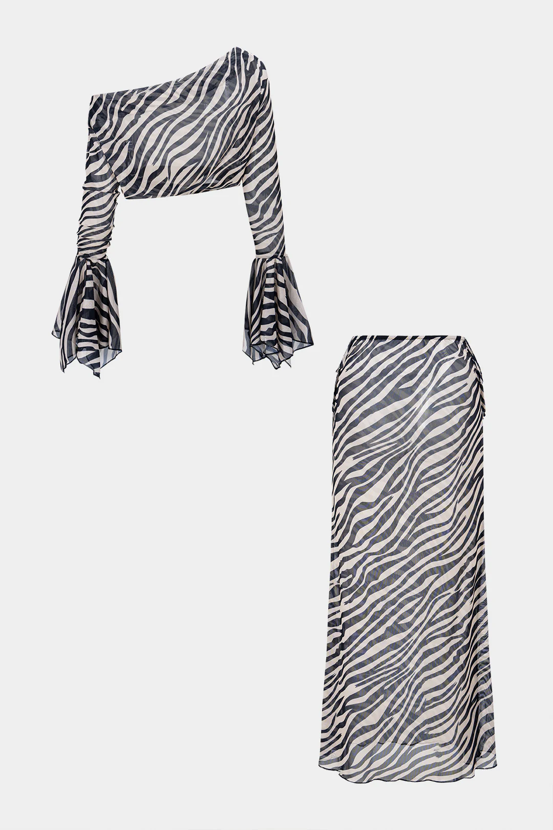 Mesh Zebra Stripe Print Single Shoulder Bell Sleeve Top And Skirt Set - Weenar