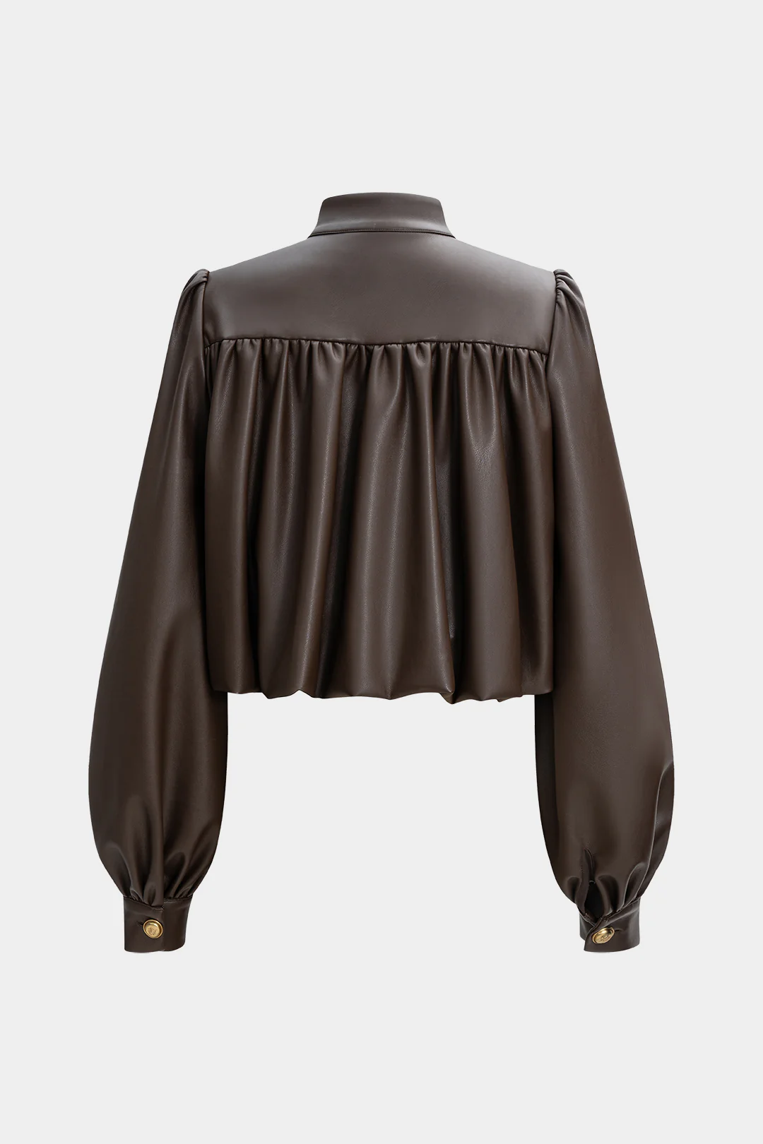Faux Leather Mock Neck Metallic Button Ruched Jacket - Weenar