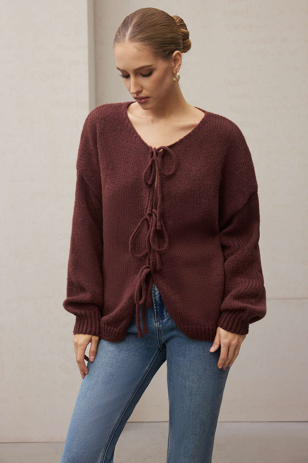 Knit Round Neck Tie-Up Cardigan - Weenar