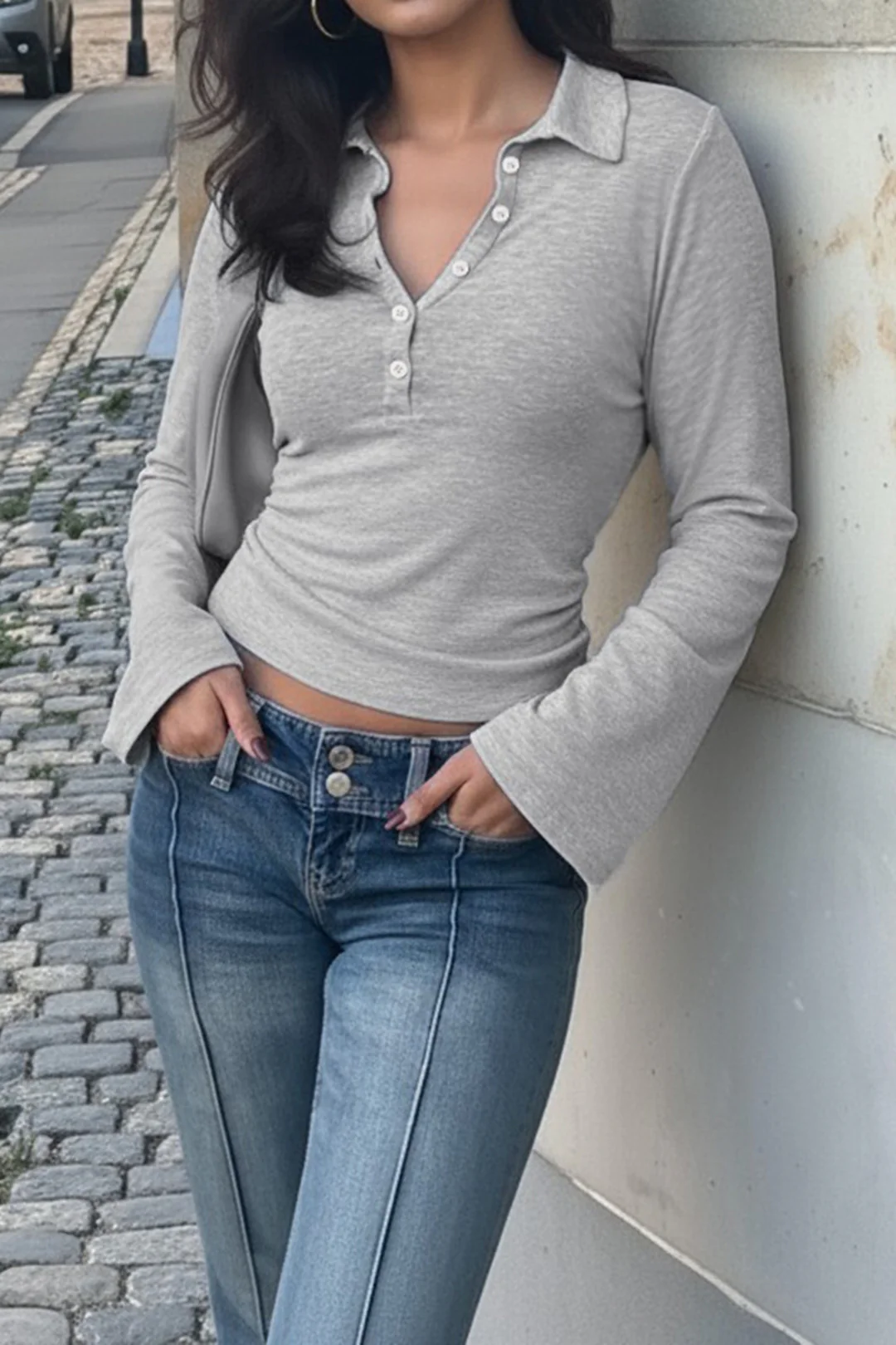 Solid Button Long-Sleeve Top - Weenar