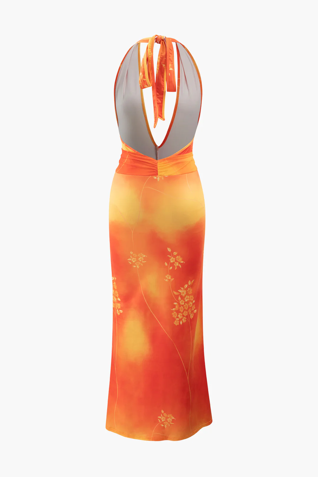 Abstract Print Halter Neck Tie Up Ruched Backless Slit Sleeveless Maxi Dress - Weenar