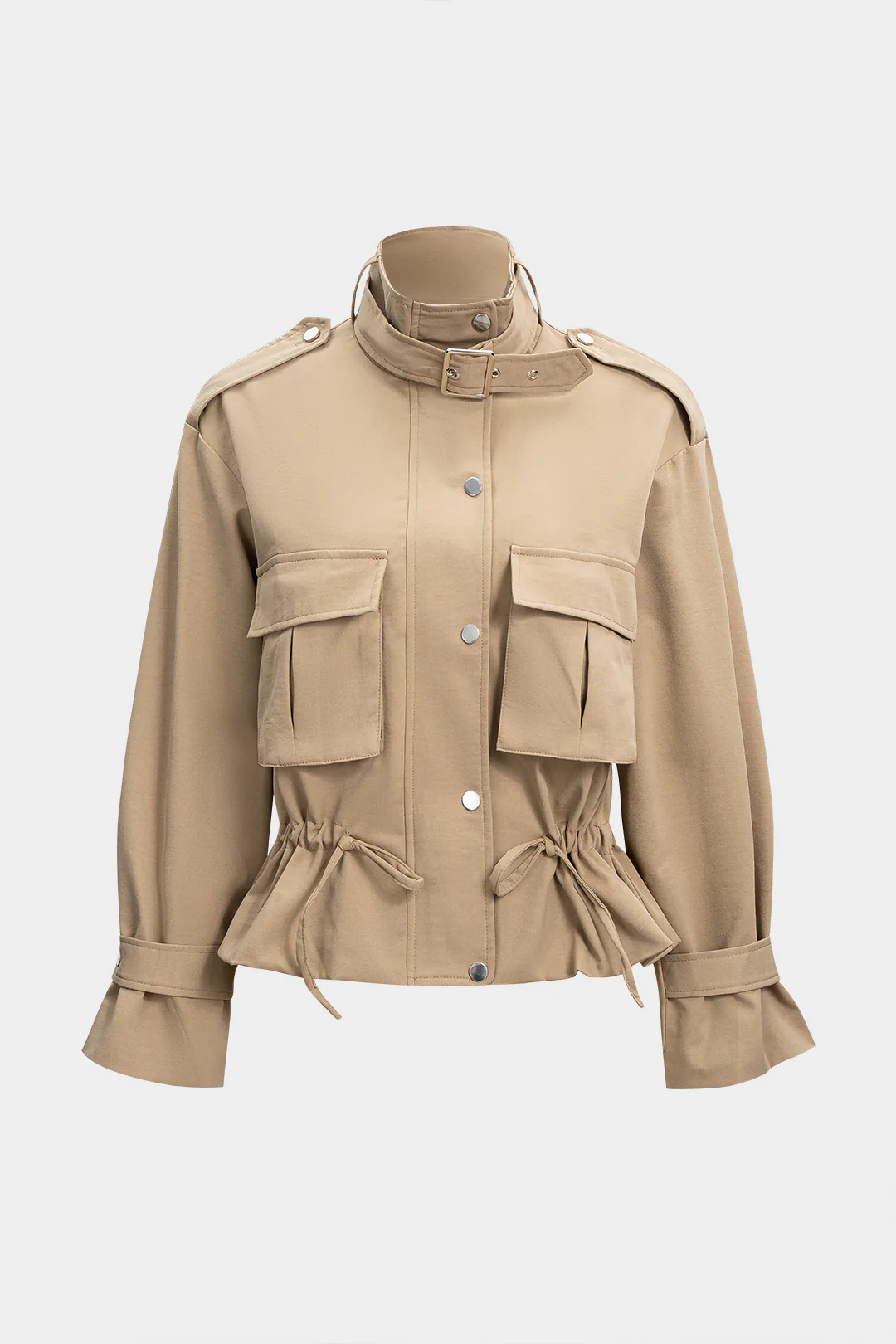 High Collar Pocket Drawstring Long Sleeve Jacket - Weenar
