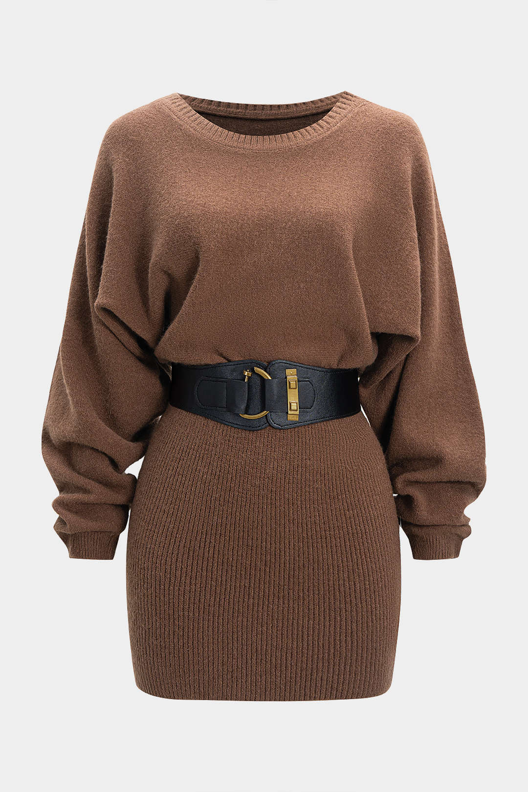 Knit Belted Batwing Long-Sleeve Dress - Weenar
