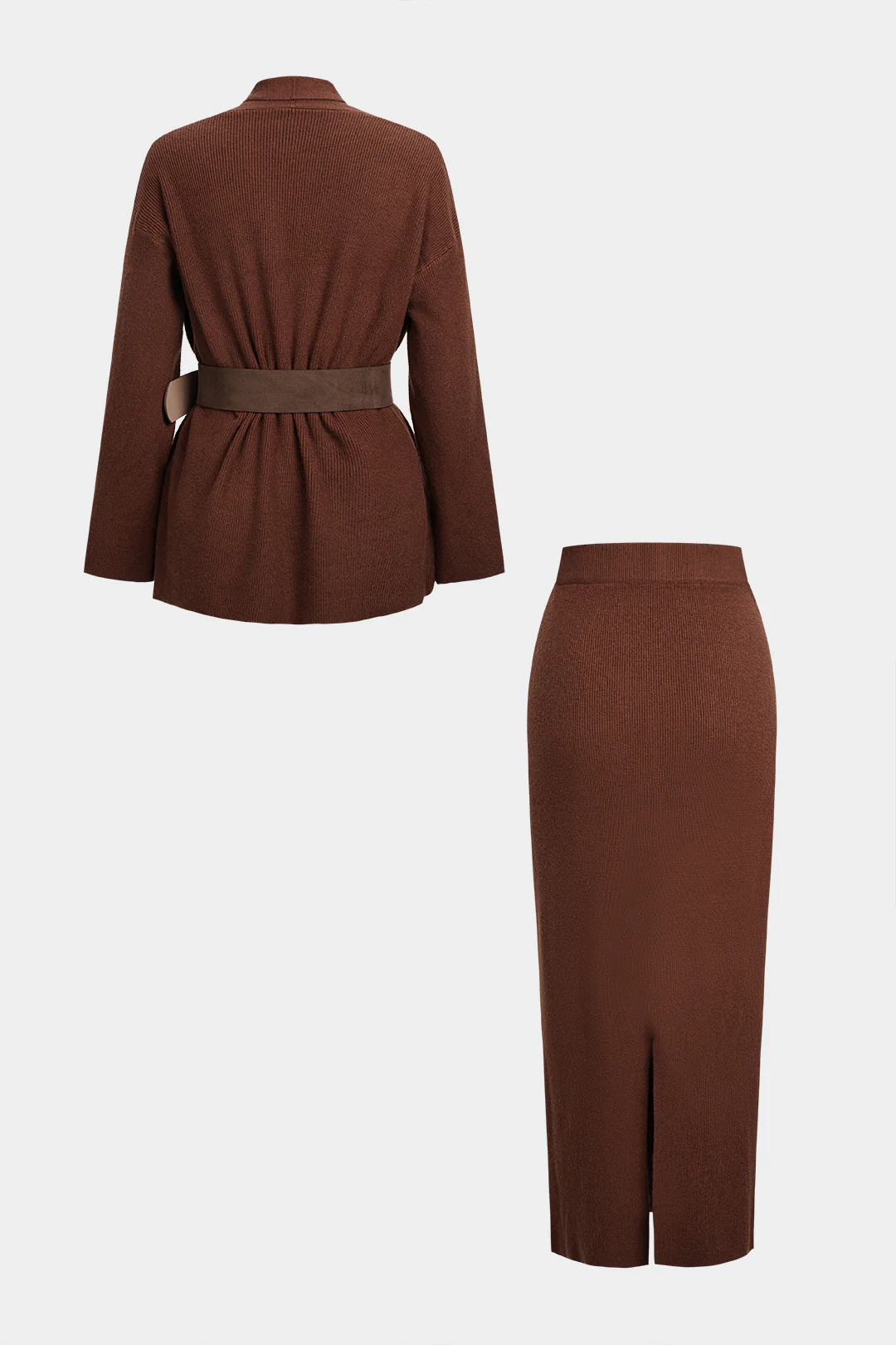 Knit Crossed Belted Long-Sleeve Top And Split Skirt Set - Weenar