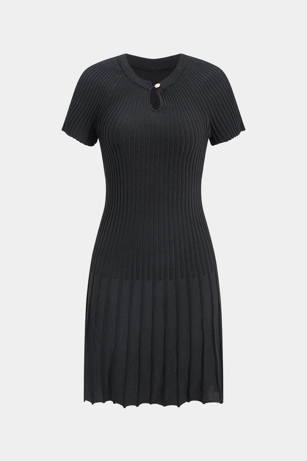 Knit Ribbed Pleated Waist-Cinched Short Sleeve Dress - Weenar