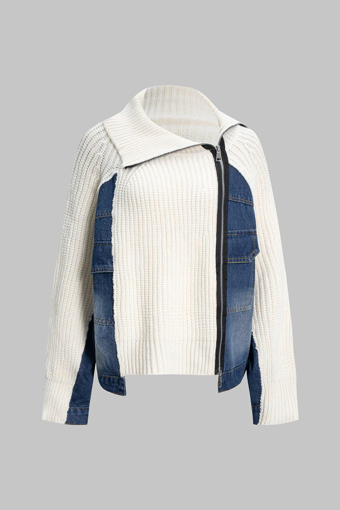 Knit Denim Patchwork Asymmetrical Zipper Long-Sleeve Top - Weenar