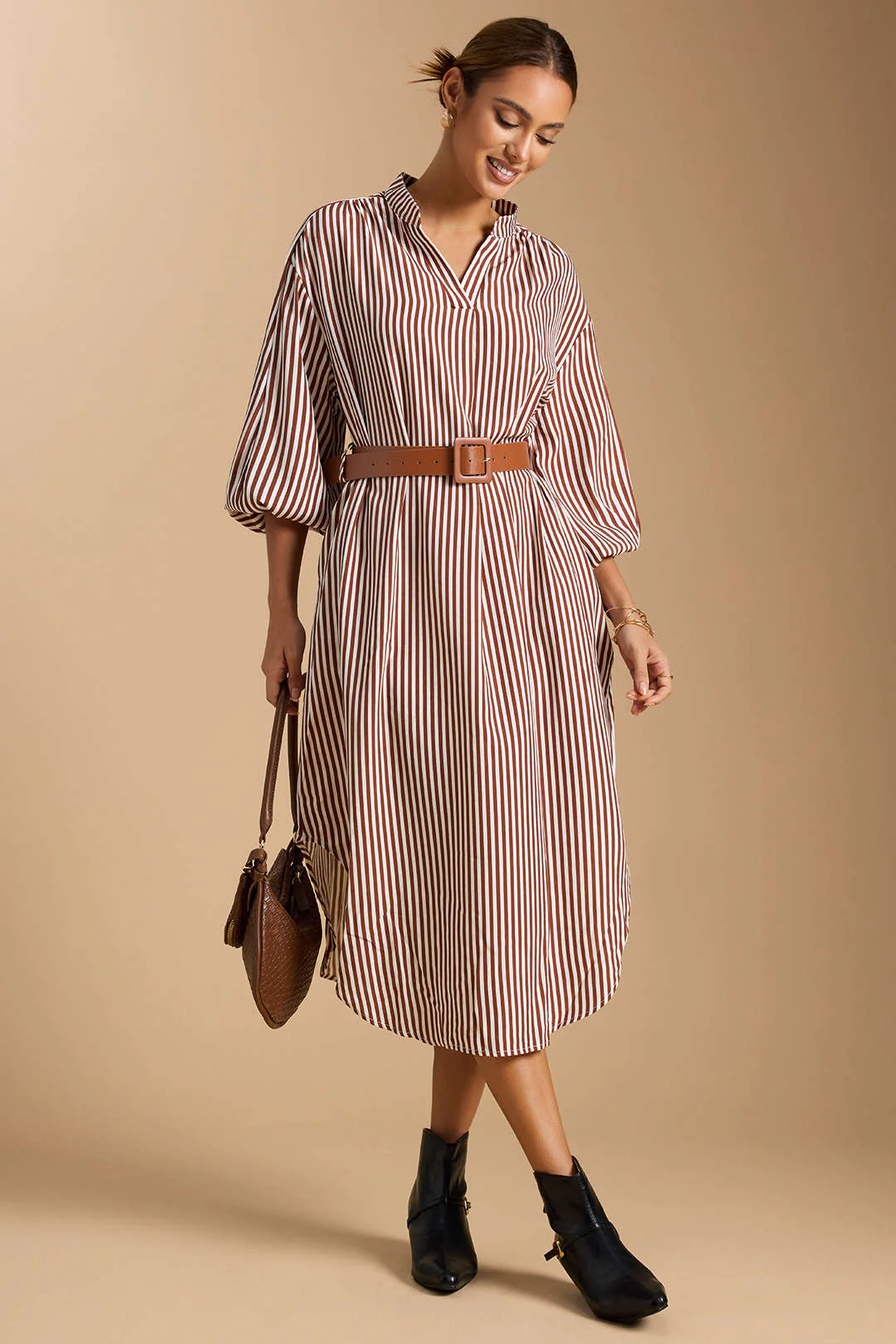 Stripes Print V-Neck Belted Long Sleeve Midi Dress - Weenar