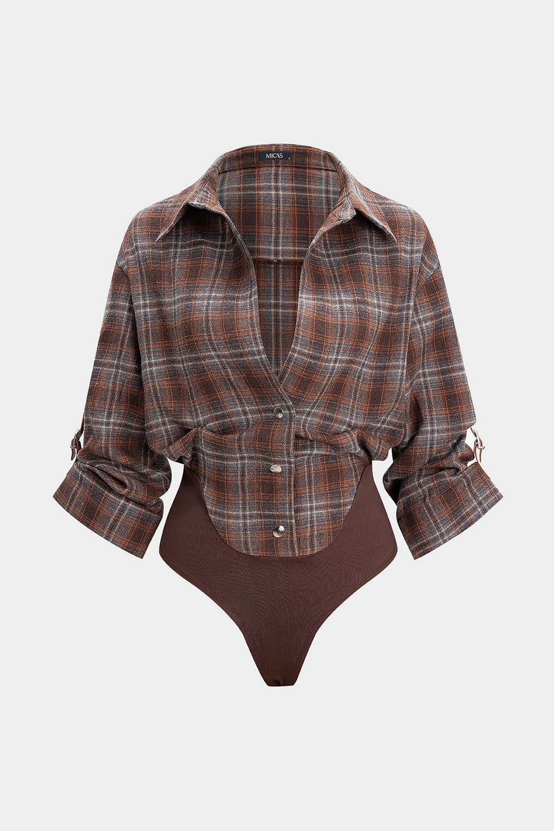 Plaid Print V-Neck Long Sleeve Bodysuit - Weenar
