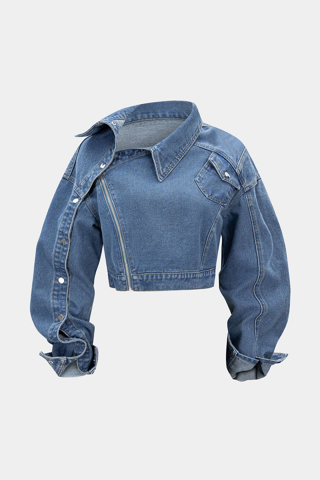 Denim  Asymmetrical Zipper Long-Sleeve Top - Weenar
