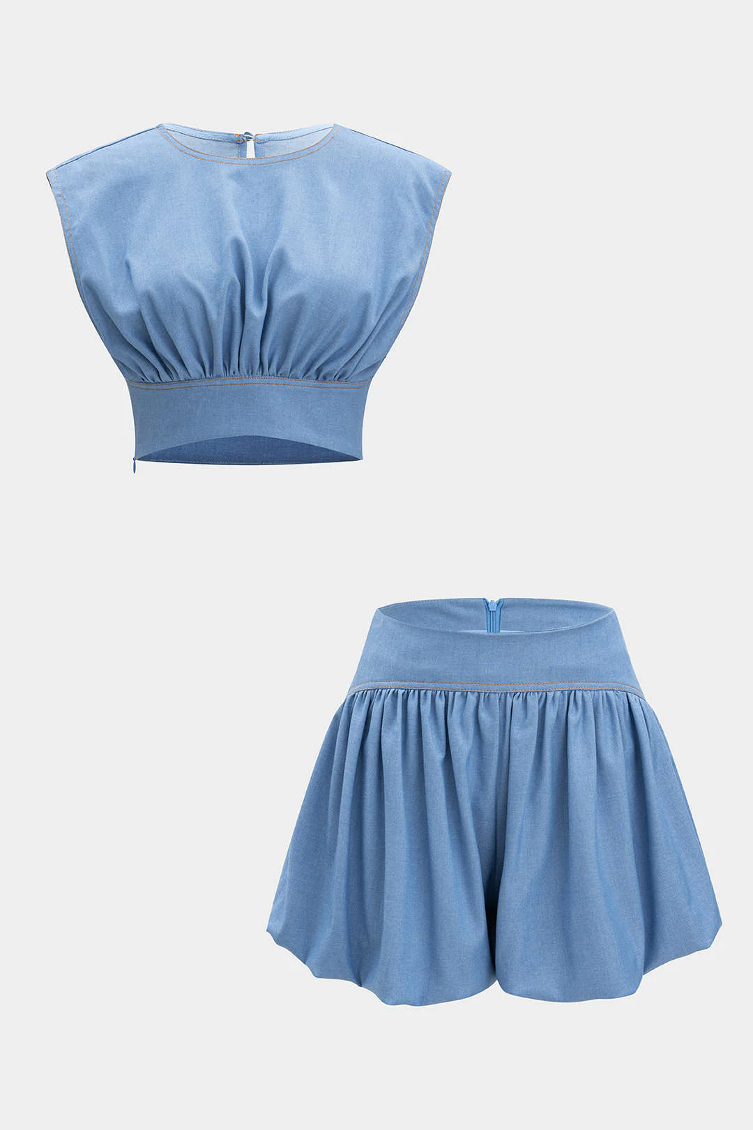 Denim Ruched Tank Top And Zipper Detail Shorts Set - Weenar