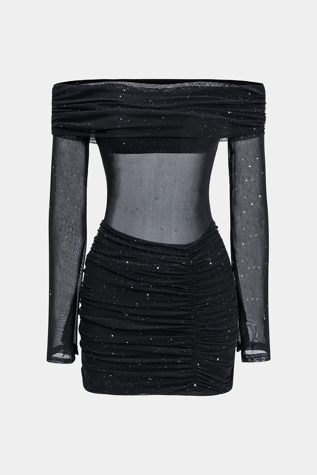 Off Shoulder Ruched Long Sleeve Mini Dress - Weenar