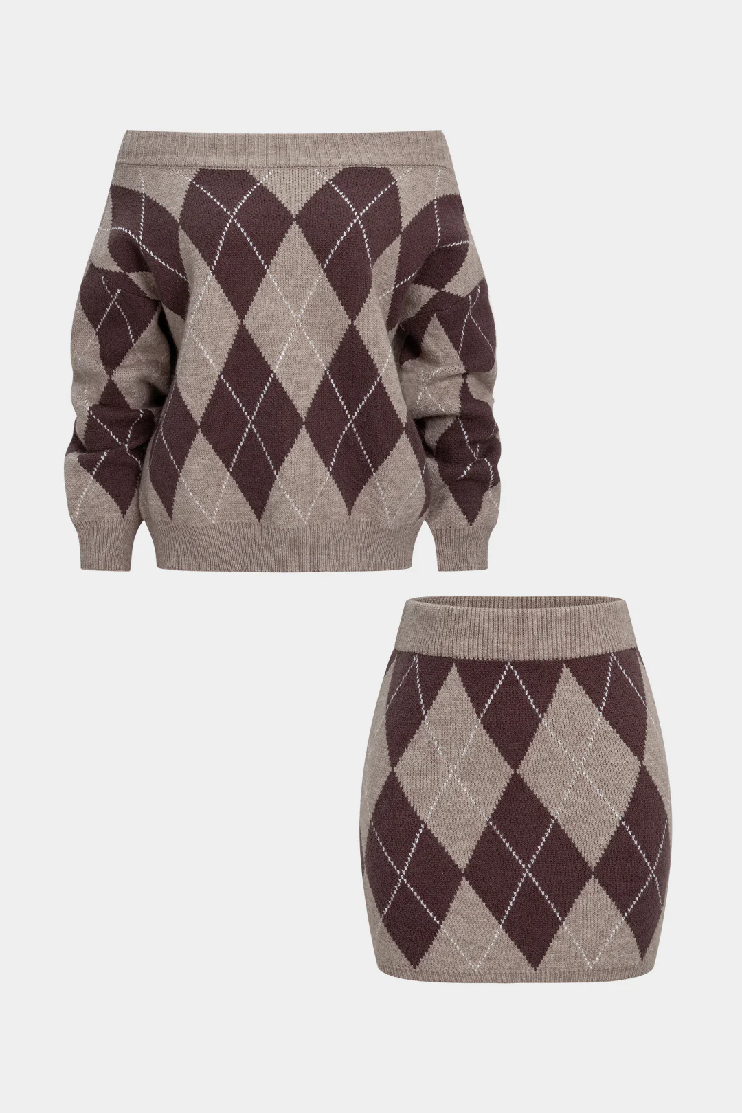 Knit Contrast Diamond Print Off Shoulder Long-Sleeve Top And High Waist Mini Skirt Set - Weenar