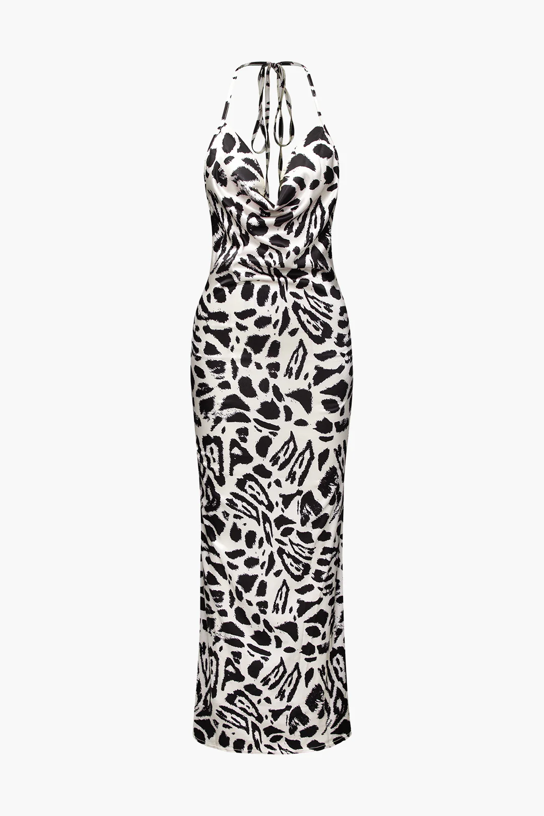 Leopard Print Halter Neck Tie Up Backless Maxi Dress - Weenar