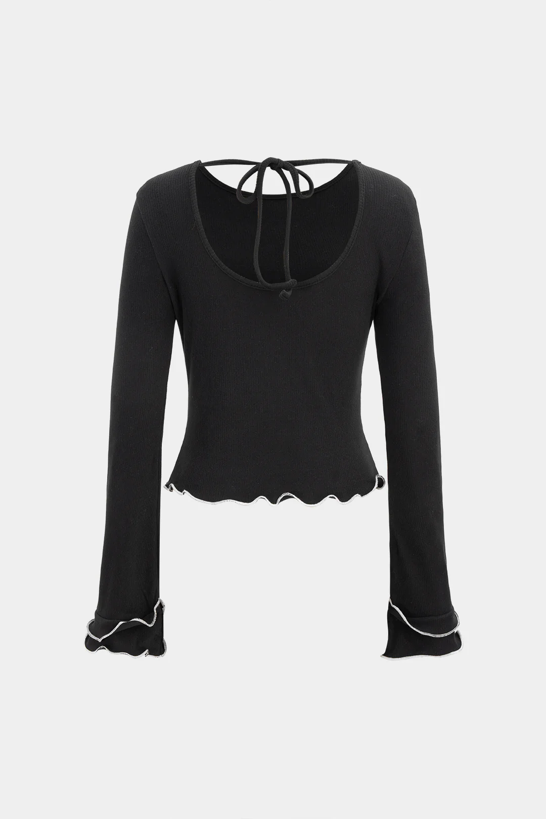 Contrast Scallop Edge Tie-Up Long-Sleeve Top - Weenar