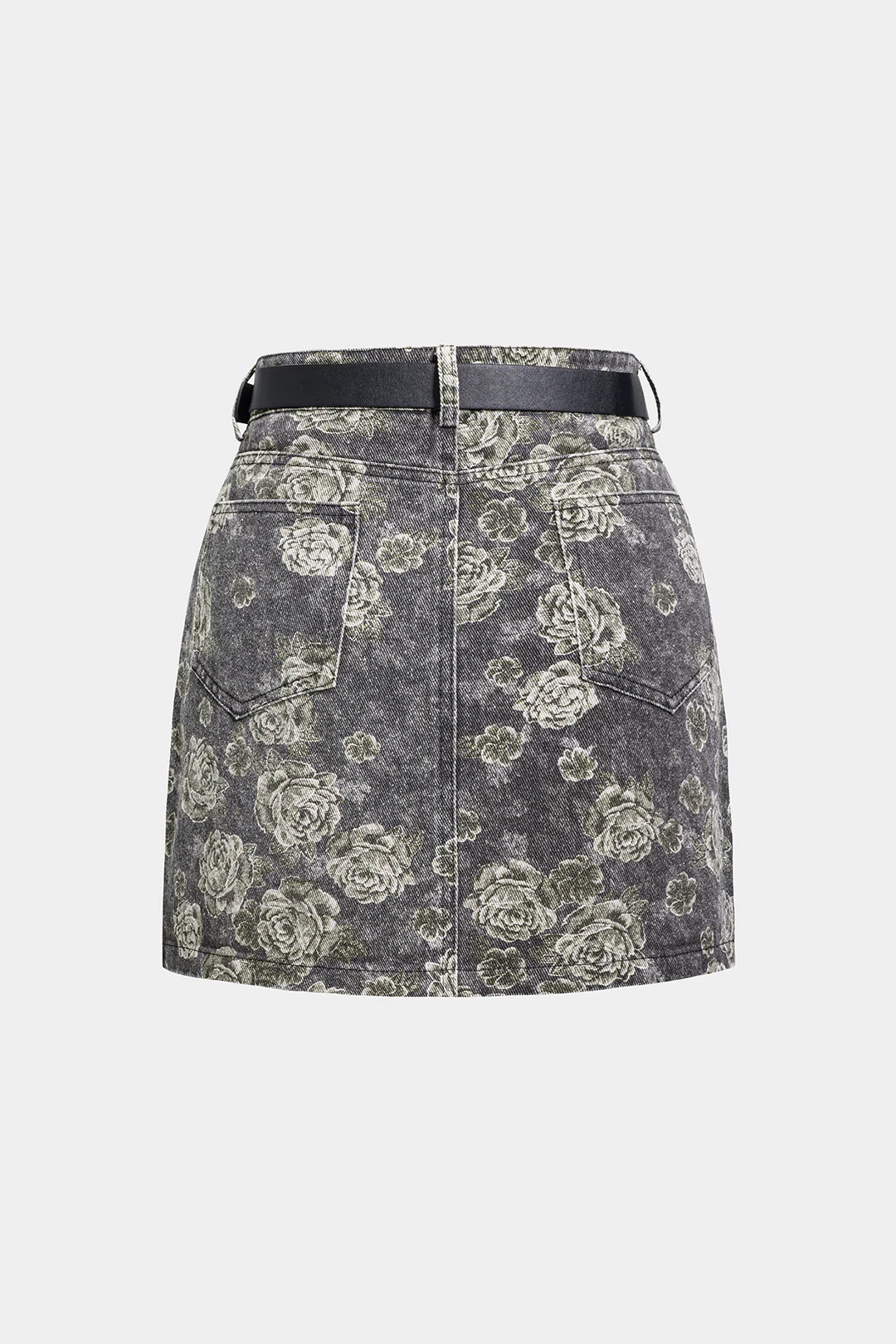 Floral Print Denim High Waist Belted Mini Skirt - Weenar
