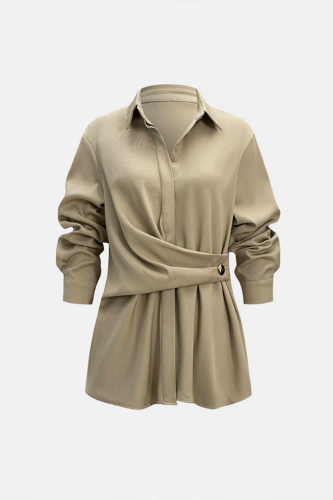 Polo Collar Asymmetrical Ruched Long-Sleeve Top - Weenar