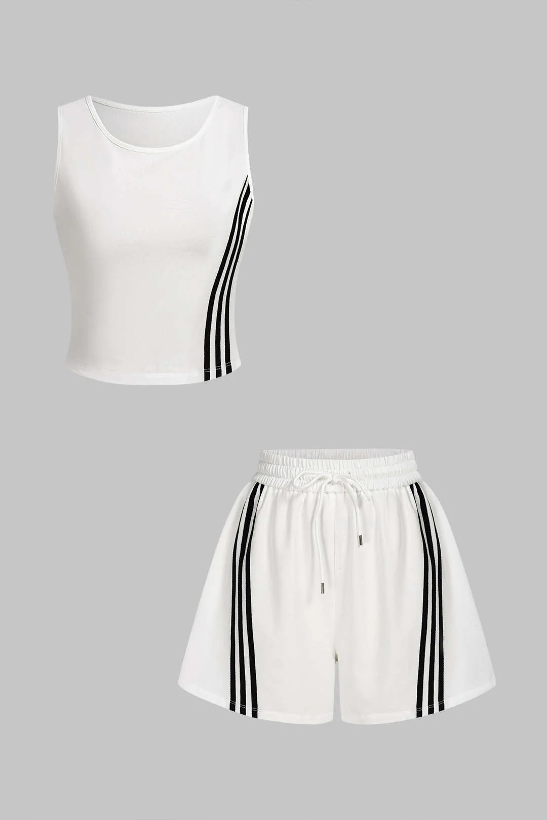 Contrast Striped Round Neck Sleeveless Tank Top And Drawstring Wide Leg Shorts Set - Weenar