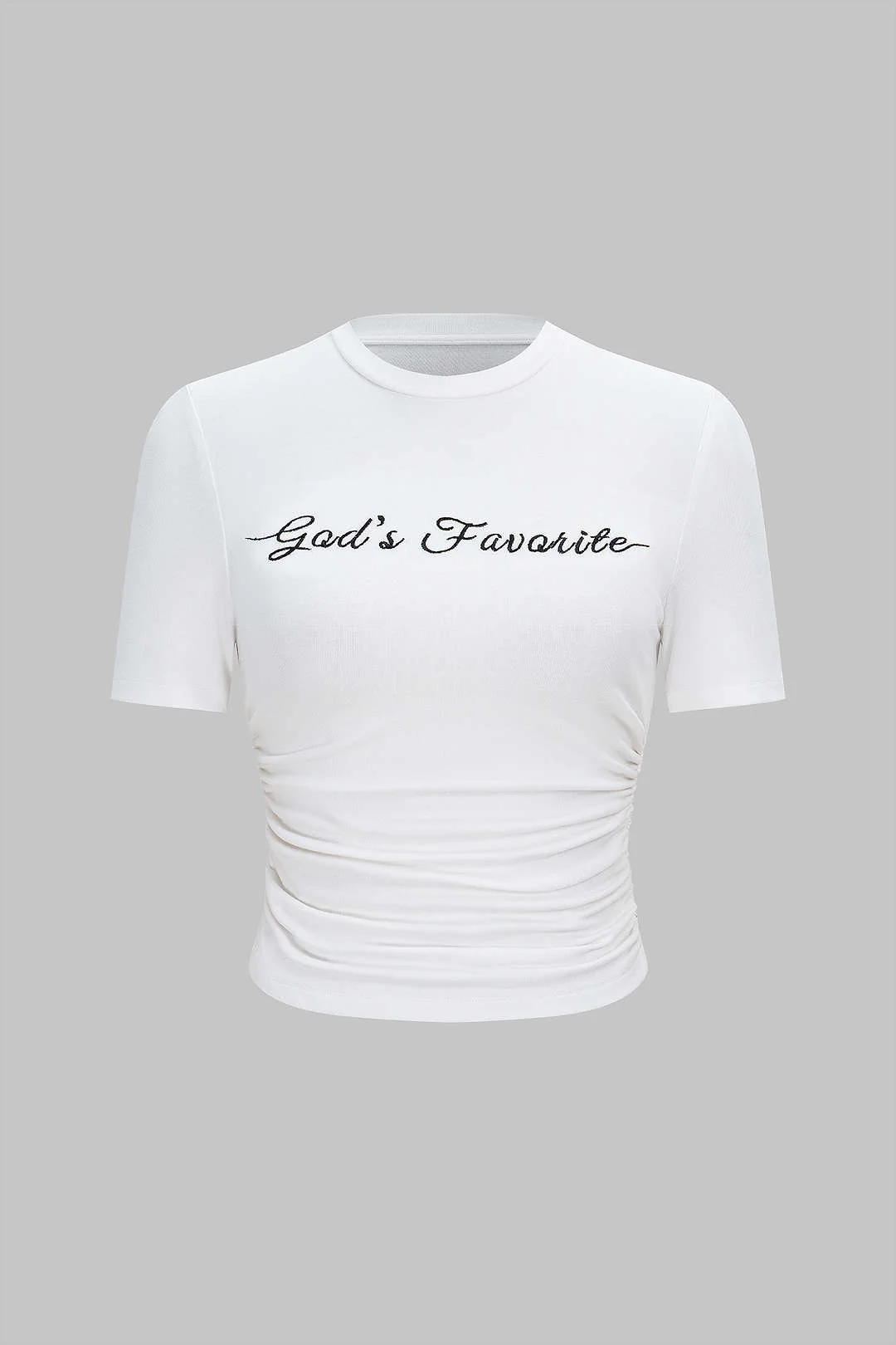 Letter Embroidery Round Neck Ruched Short Sleeve T-Shirt - Weenar