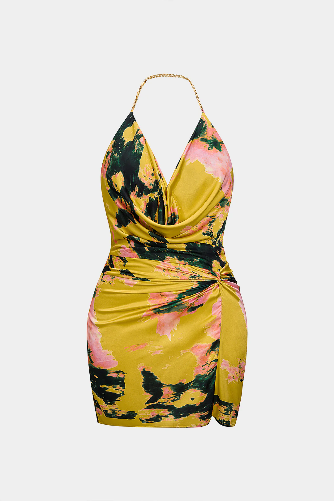 Plus Size Abstract Print Satin Metallic Halter Draped Cowl Neck Ruched Backless Sleeveless Mini Dress - Weenar