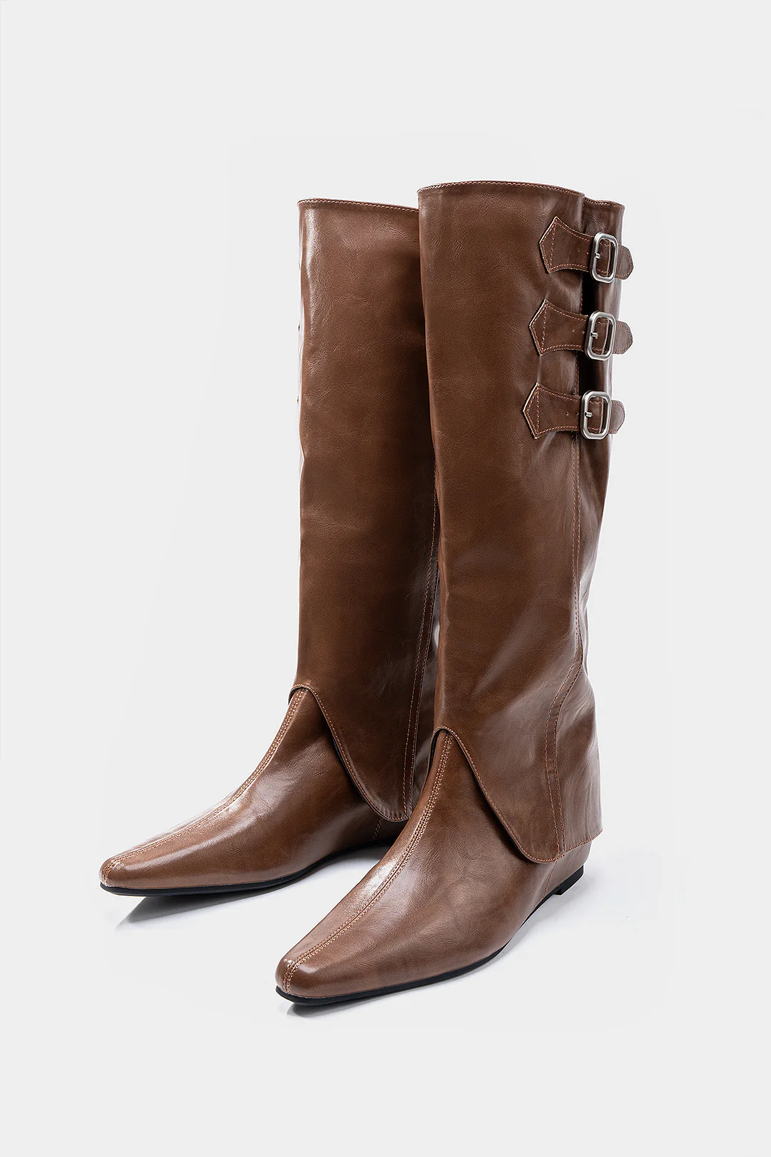 Leather Buckle Pointed Knee High Boots - Weenar