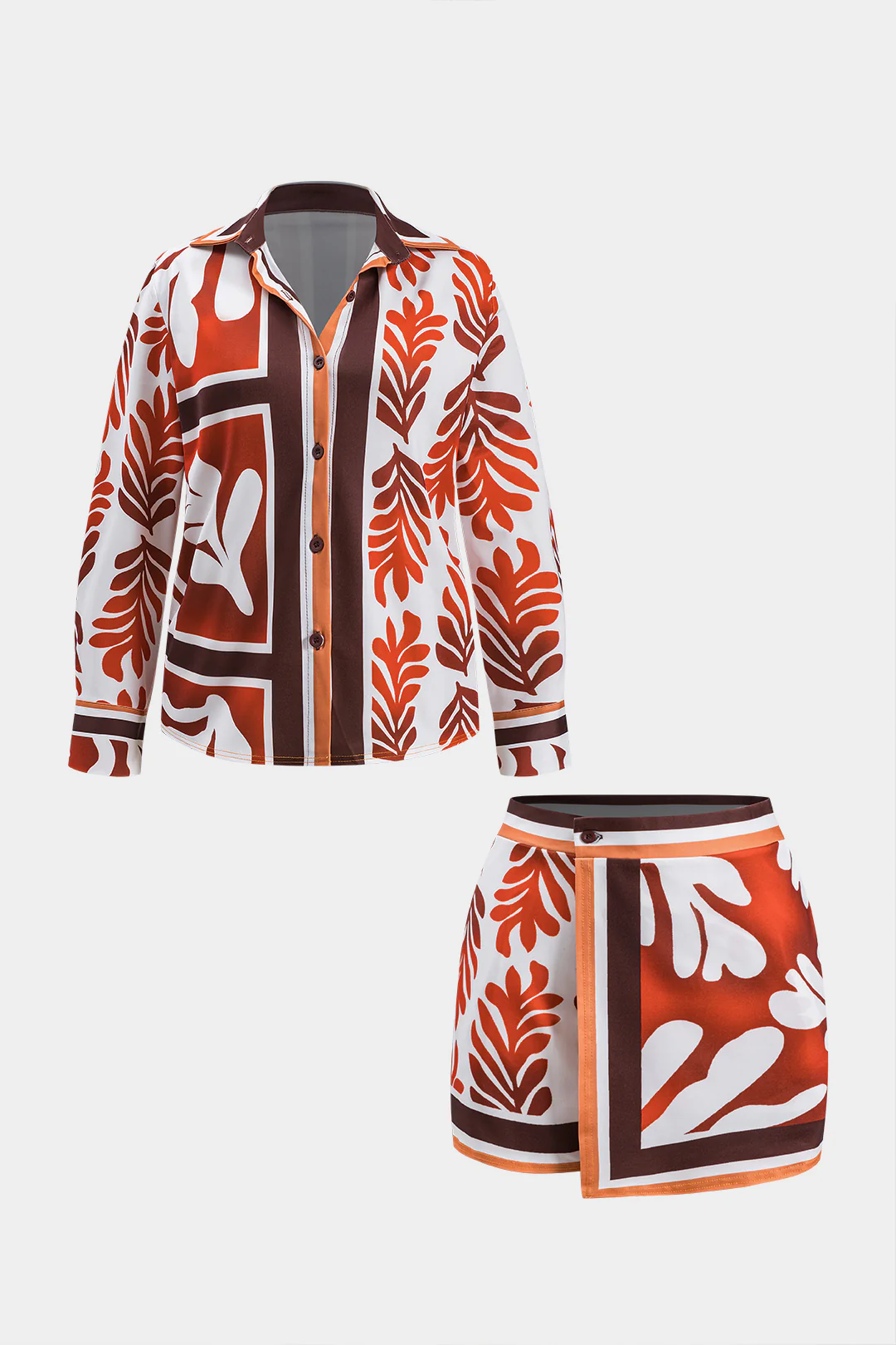Plus Size Bohemian Print Button Long Sleeve Shirt And Button Shorts Set - Weenar