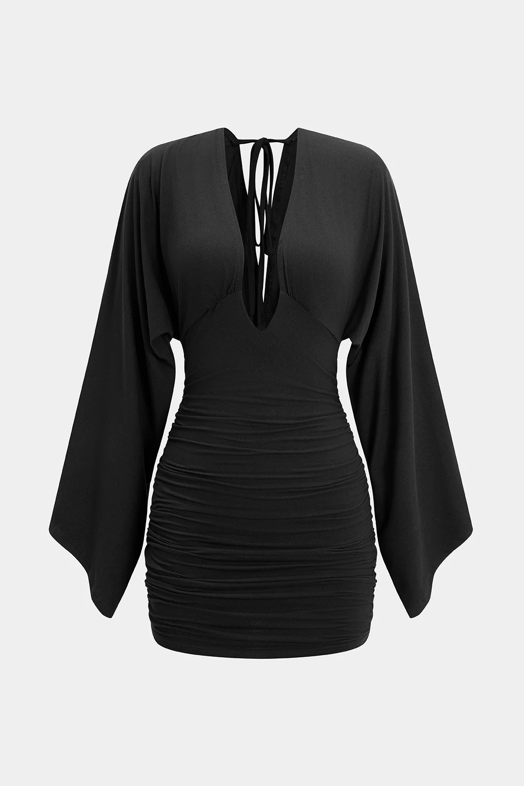 V-Neck Tie Back Backless Batwing Long Sleeve Mini Dress - Weenar