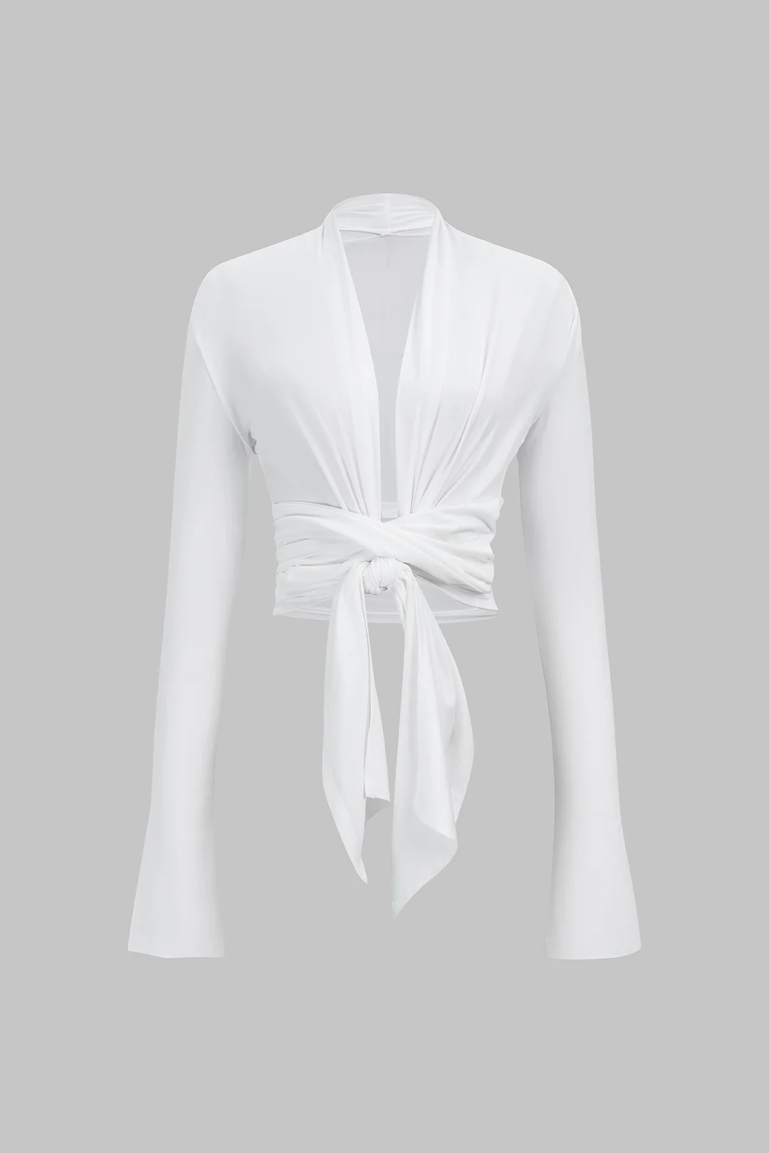 V-Neck Tie Front Ruched Long-Sleeve Top - Weenar