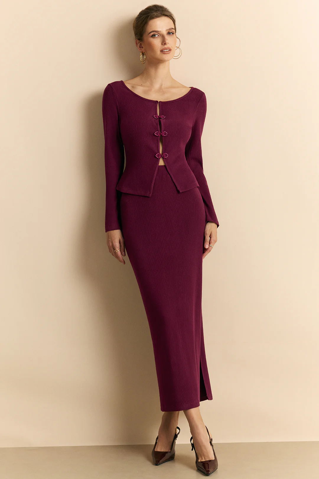 Knit Frog Button Long-Sleeve Top And Skirt Set - Weenar