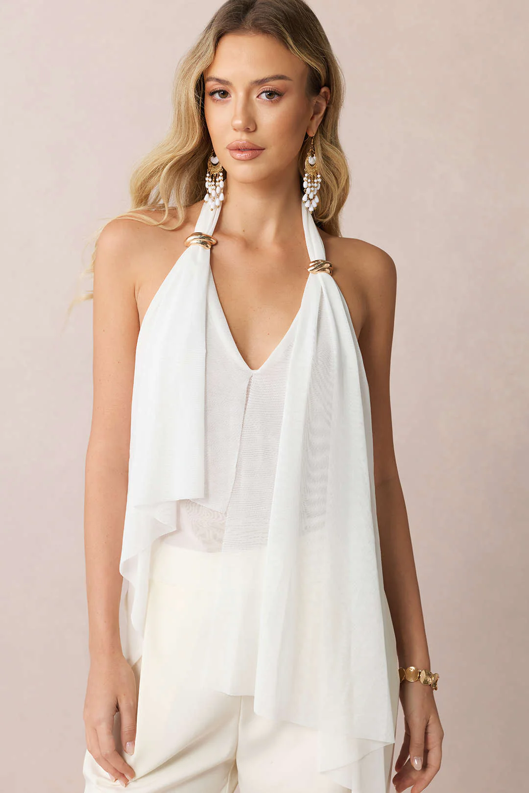 Mesh Halter V-Neck Asymmetrical Backless Ruched Cami Top - Weenar