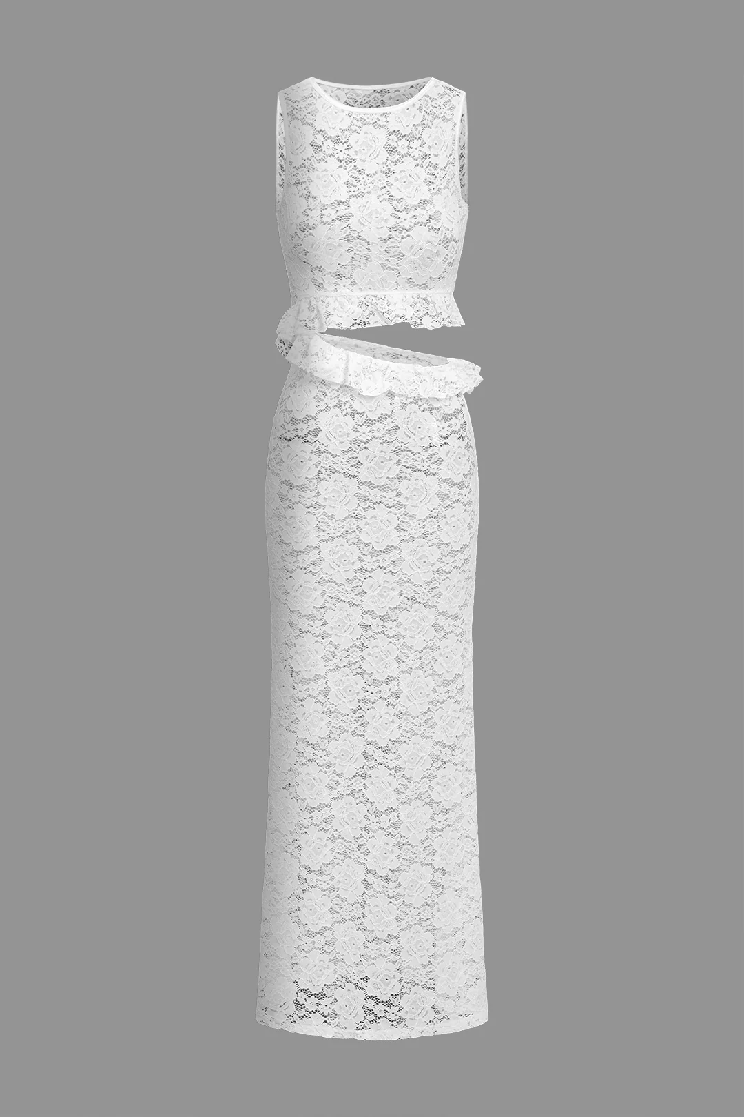 Lace Ruffle Cut Out Asymmetrical Sleeveless Maxi Dress - Weenar