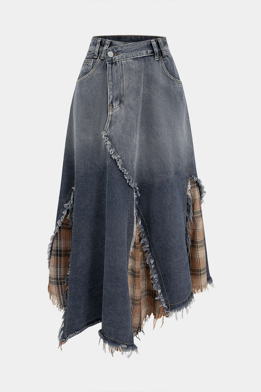 Denim Plaid Print Patchwork Frayed High Waist Skirt - Weenar